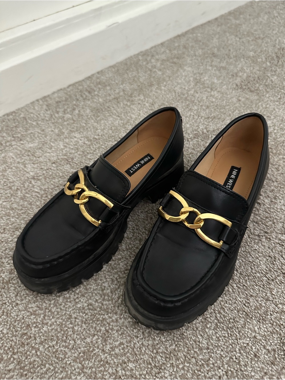 Nine West Black Loafers with Gold Chain Accent
